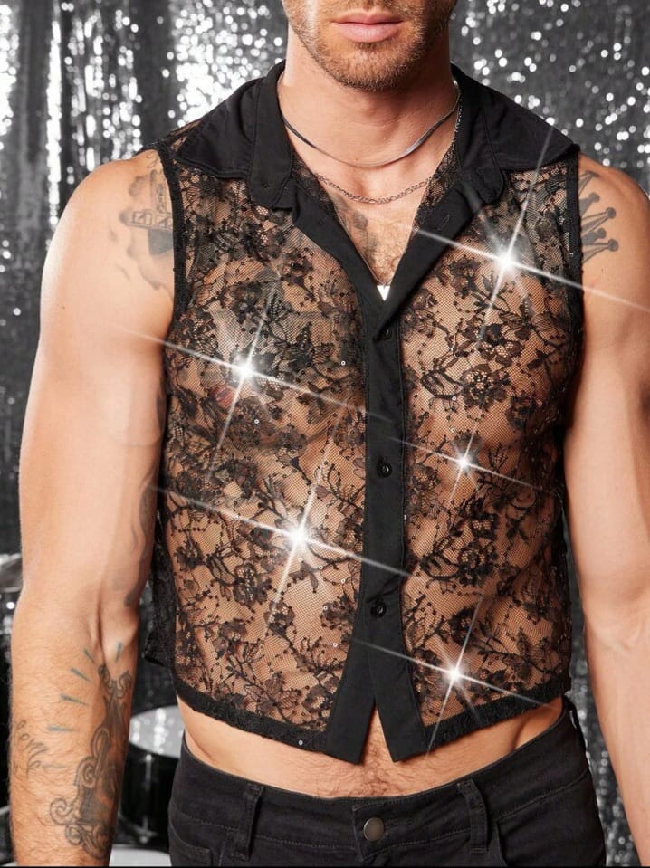 Men's Semi-Sheer Sexy Lace Tank Top